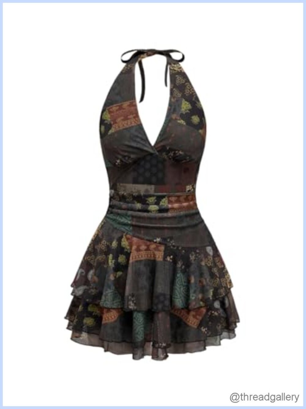 Halter Mini Dress Backless Ruffle Tiered Fit Flare Y2K Festival Rave Outfit